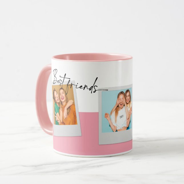 Custom Photo Collage BFF Besties Pink Script Cute Mug (Front Left)