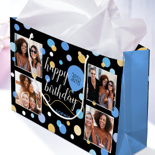 Custom Photo Collage Birthday Blue Large Gift Bag