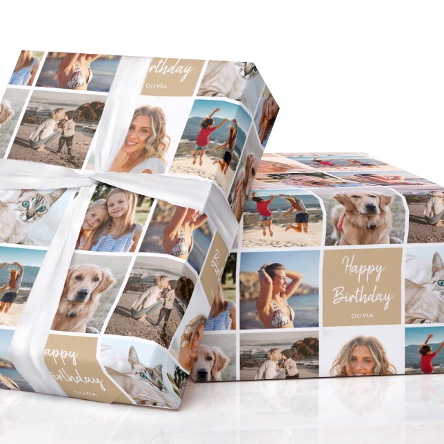 Custom Photo Collage Birthday Modern Gold Wrapping Paper (Creator Uploaded)