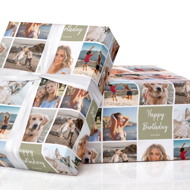 Custom Photo Collage Birthday Modern Green Wrapping Paper (Creator Uploaded)