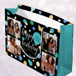 Custom Photo Collage Birthday Turquoise 25th Large Gift Bag<br><div class="desc">Create a stylish photo collage gift bag! Personalise the template with four favourite photos,  the recipient's name,  and birthday age. A fun design featuring round confetti,  balloons,  and "Happy Birthday" in a trendy script. Perfect for family,  kids,  friends,  and pets! Printed colours: teal green,  blue,  black,  white and gold.</div>