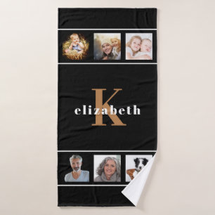 Custom photo collage black gold monogram modern bath towel