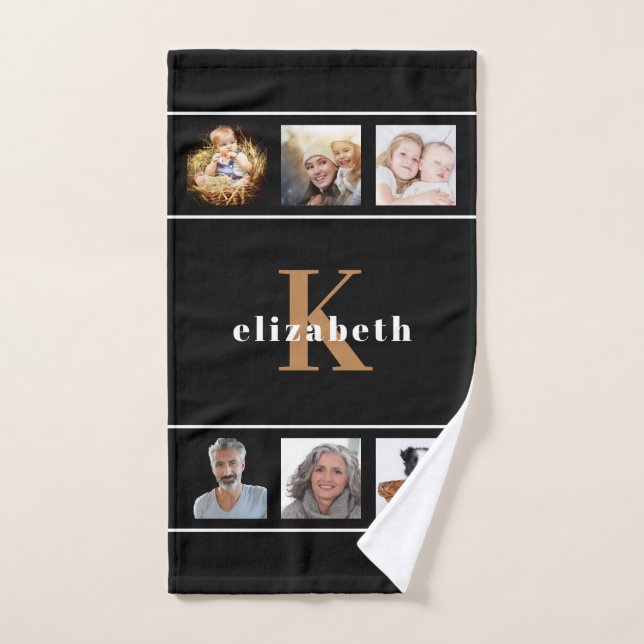 Custom photo collage black gold monogram modern hand towel (Hand Towel)