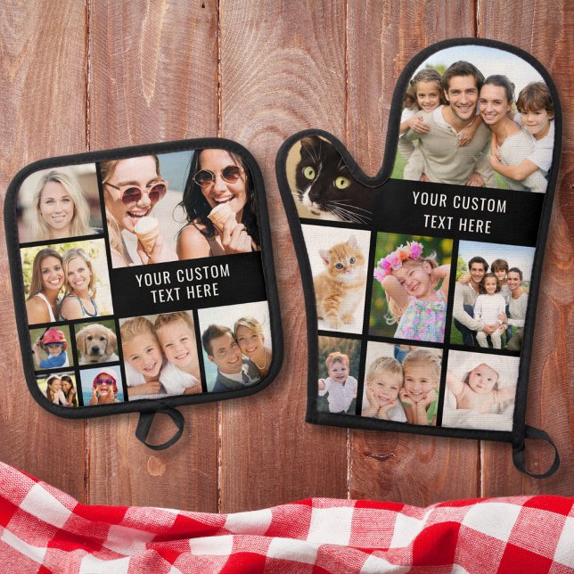 Custom Photo Collage Black Oven Mitt & Pot Holder Set (Creator Uploaded)
