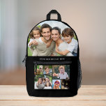 Custom Photo Collage Black Printed Backpack<br><div class="desc">A custom photo collage black backpack for that perfect gift. Personalise with seven photos of family,  pets,  memories,  events,  your photography,  etc. and add a line of text in simple white typography. The colours of the background and text can be changed by editing in the design tool.</div>