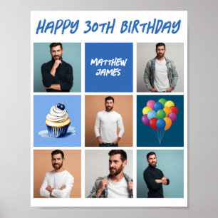 Custom Photo Collage Blue Birthday Party Poster