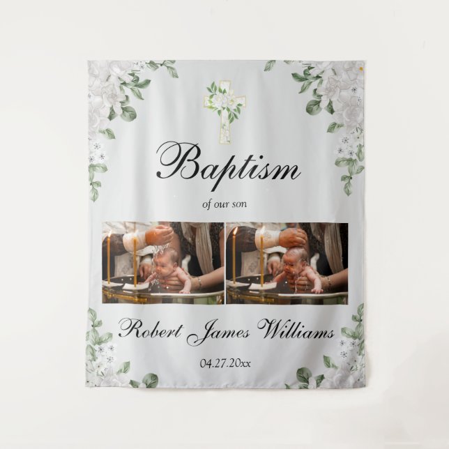 Custom Photo Collage Christening Baptism Backdrop Tapestry (Front)