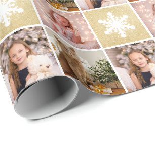 Custom Photo Collage Christmas Gold Snowflakes Wrapping Paper