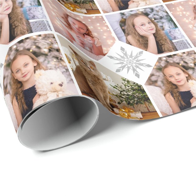 Custom Photo Collage Christmas Silver Snowflakes Wrapping Paper (Roll Corner)