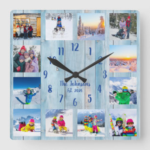 Custom Photo Collage Country Blue Rustic Wood Square Wall Clock