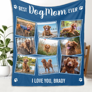 Custom Photo Collage Cute Modern DOG MOM Blue Fleece Blanket