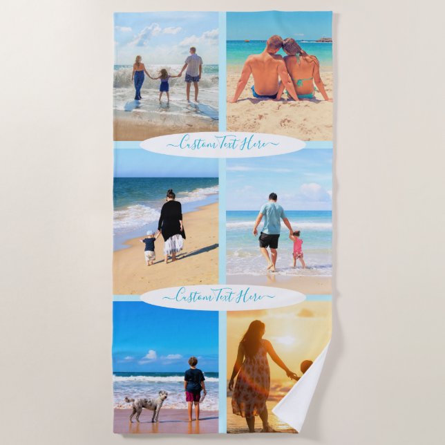 Custom Photo Collage Family Love Personalised Text Beach Towel (Front)