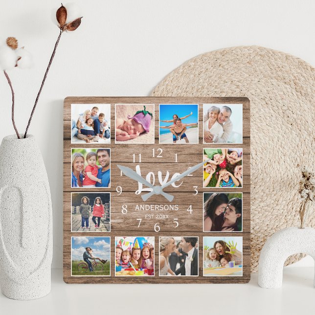 Custom Photo Collage Family Love Script Wood Square Wall Clock (Creator Uploaded)