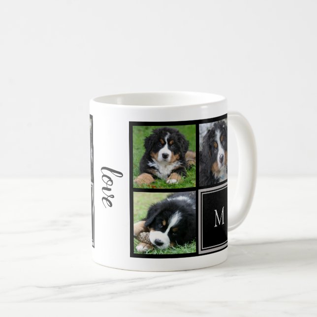Custom photo collage family monogram love script coffee mug (Front Right)
