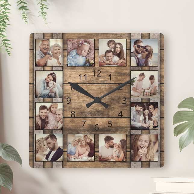 Custom Photo Collage Family Rustic Wooden Barrel Square Wall Clock (Creator Uploaded)