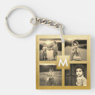 Custom Photo Collage Gold Monogram 4 Images Key Ring