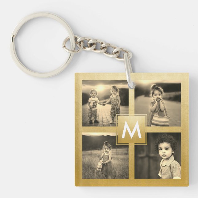 Custom Photo Collage Gold Monogram 4 Images Key Ring (Front)