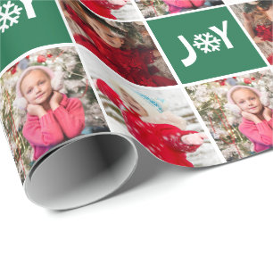 Custom Photo Collage Green Joy Christmas Wrapping Paper