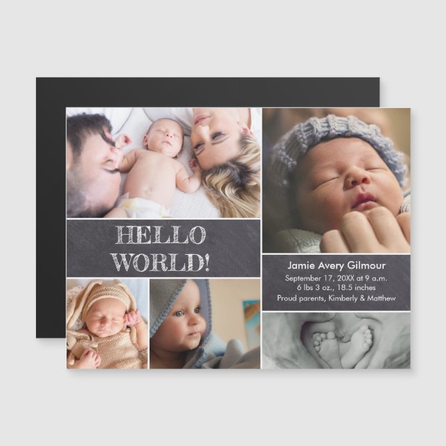 Custom photo collage Hello World baby birth Magnetic Invitation (Front/Back)