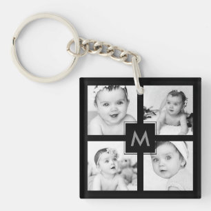 Custom Photo Collage Initial Black 8 Images Key Ring