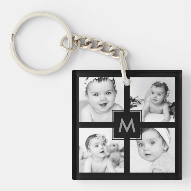 Custom Photo Collage Initial Black 8 Images Key Ring (Front)