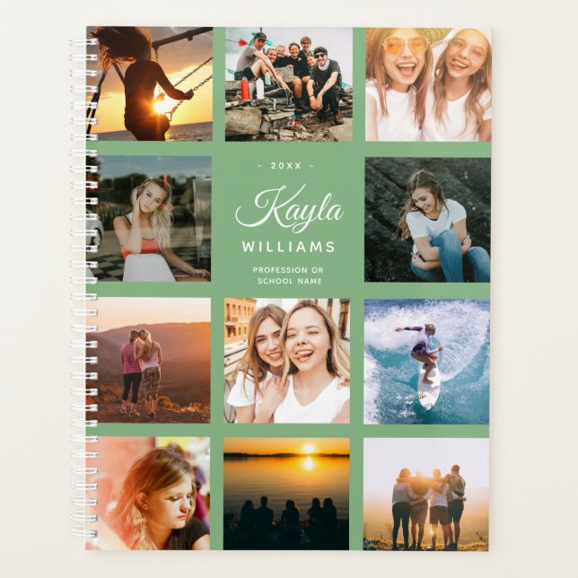 Custom Photo Collage Instagram Stylish Dusty Green Planner (Front)