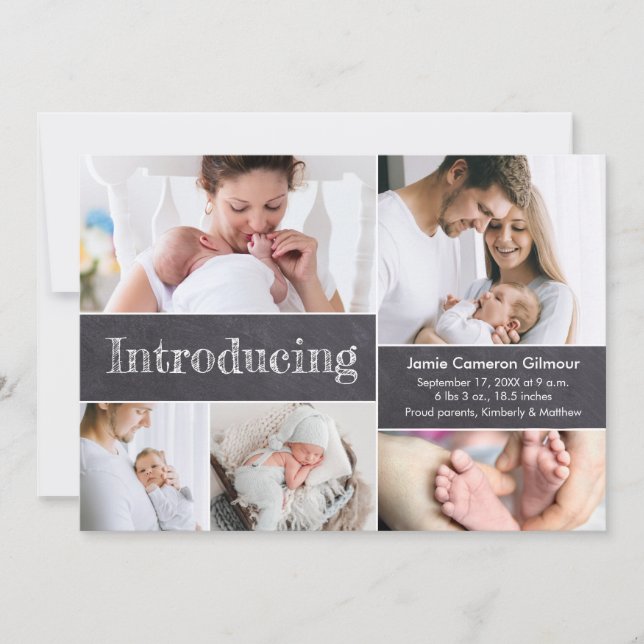  Custom Photo collage Introducing baby birth stat Announcement (Front)