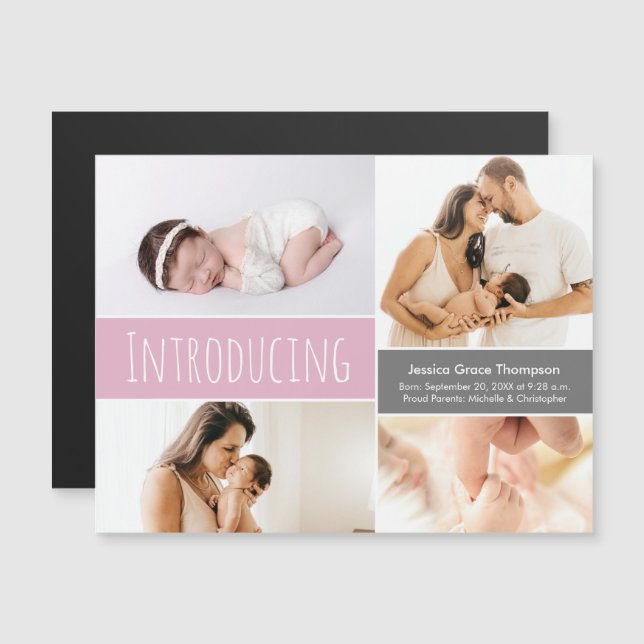 Custom Photo Collage Introducing baby girl pink  Magnetic Invitation (Front/Back)