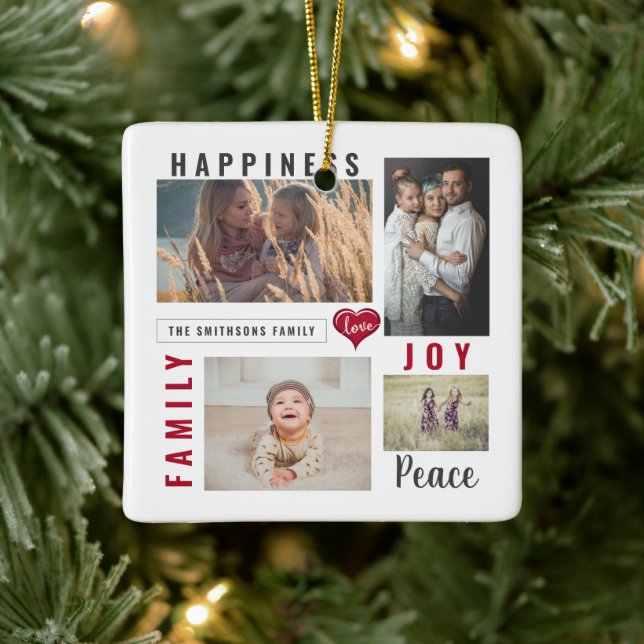 Custom Photo Collage Love Joy Family Ceramic Ornament (Tree)