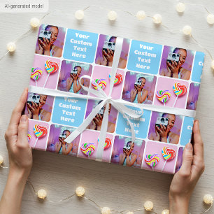 Custom Photo Collage Modern Retro Blue Pattern Wrapping Paper