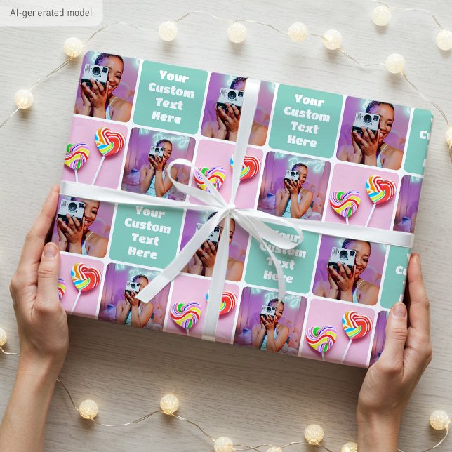 Custom Photo Collage Modern Retro Green Pattern Wrapping Paper (Creator Uploaded)