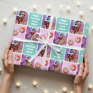 Custom Photo Collage Modern Retro Green Pattern Wrapping Paper