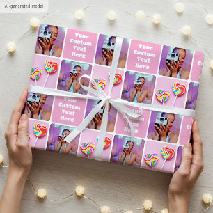 Custom Photo Collage Modern Retro Pink Trendy Wrapping Paper