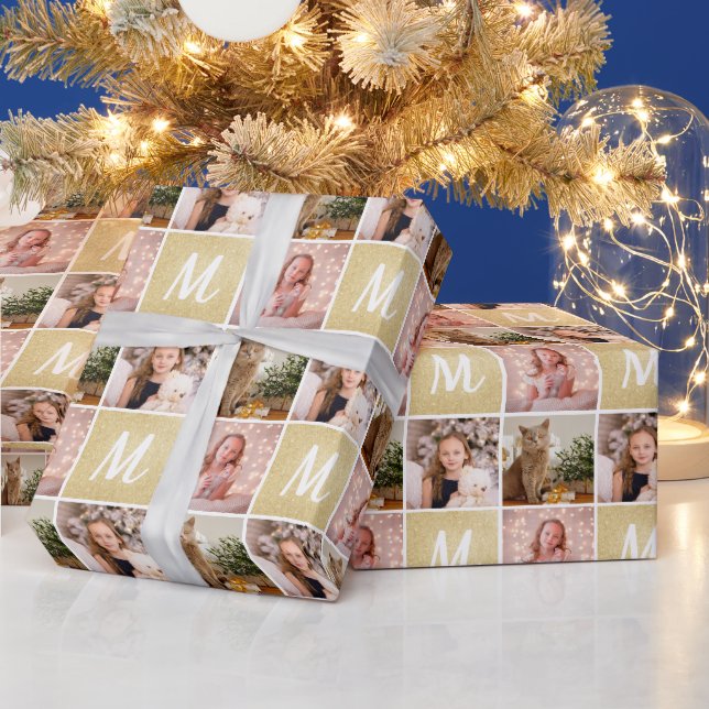 Custom Photo Collage Monogram Christmas Gold Wrapping Paper (Holidays)
