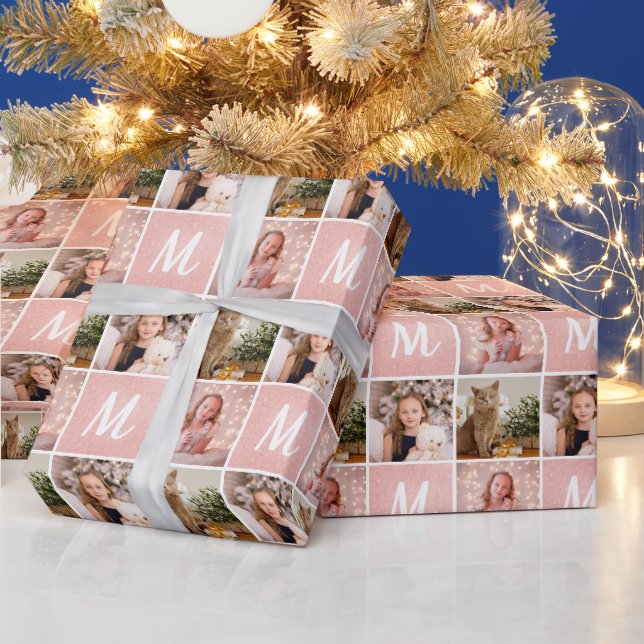Custom Photo Collage Monogram Christmas Rose Gold Wrapping Paper (Holidays)