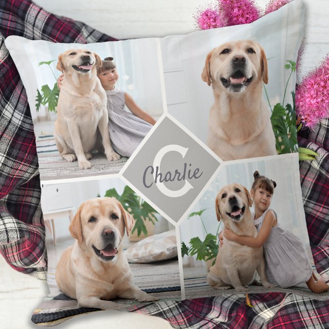 Custom Photo Collage Monogram Name Dog Cushion (Creator Uploaded)
