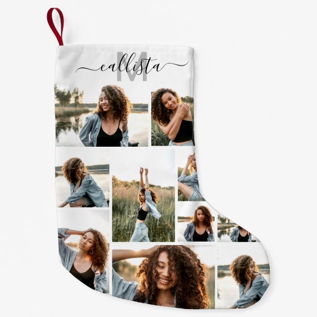 Custom Photo Collage Monogram Name Initial Small Christmas Stocking (Front)