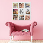 Custom photo collage monogram name white faux canvas print<br><div class="desc">A collage of 8 of your photos. Add images of family,  friends,  pets,  hobbies or dream travel destination. Personalise and add a name,  your monogram initial.  White and grey coloured letters.  A chic white background.</div>