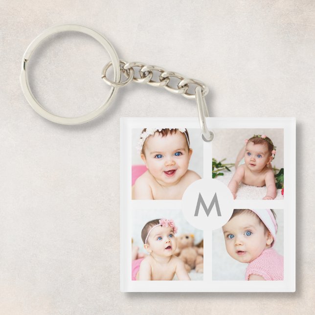 Custom Photo Collage Monogram White 4 Images Key Ring (Creator Uploaded)