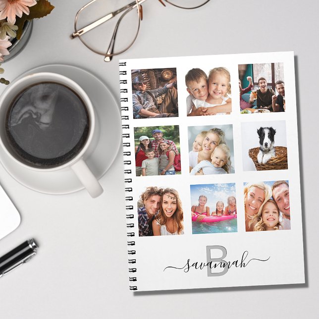Custom photo collage monogram white modern diary notebook (Creator Uploaded)