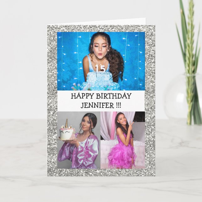 Custom Photo Collage Name Glitter Happy birthday Card (Front)