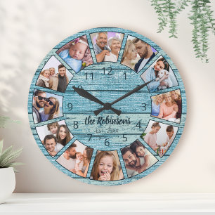 Custom Photo Collage Natural Wood Family Name Round Clock