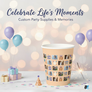 Custom Photo Collage Peach Birthday Party Paper Cups