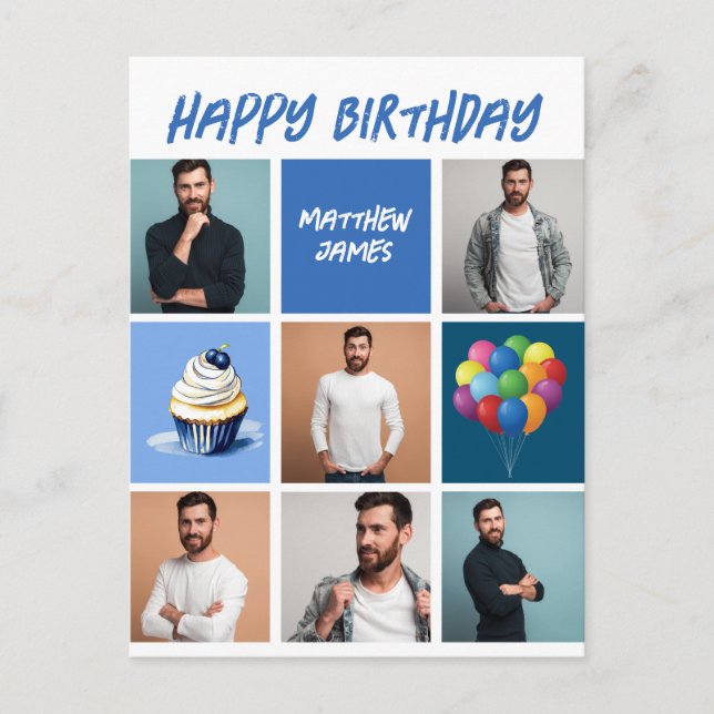 Custom Photo Collage Personalised Blue Birthday Postcard (Front)