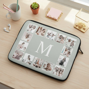 Custom Photo Collage Personalized Sage Green Laptop Sleeve