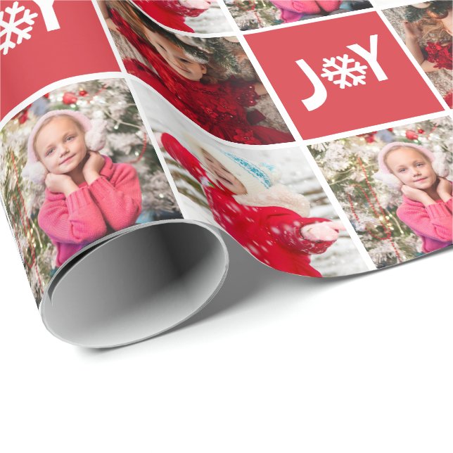 Custom Photo Collage Red Joy Christmas  Wrapping Paper (Roll Corner)