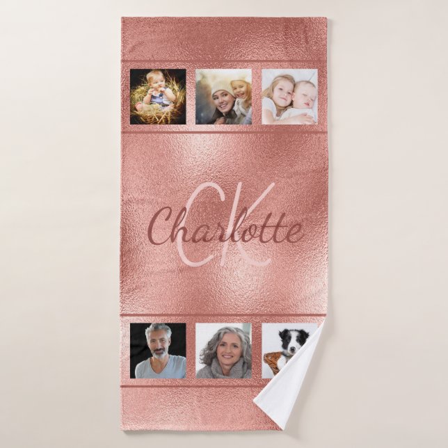 Custom photo collage rose gold monogram script bath towel (Bath Towel)