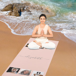 Custom photo collage rose gold pink monogrammed yoga mat