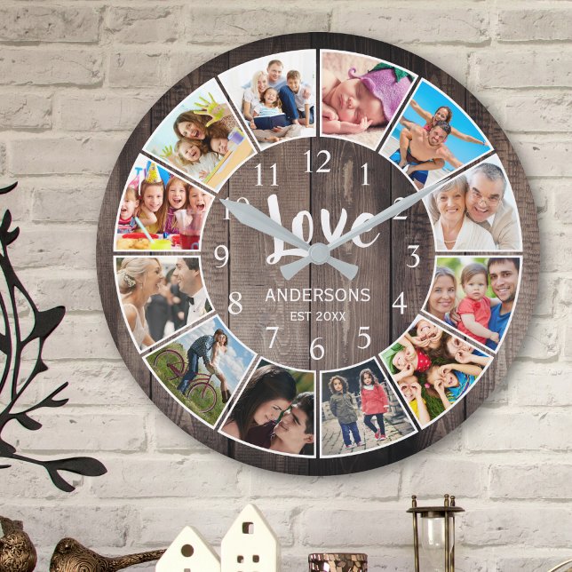Custom Photo Collage Rustic Farmhouse Love Family Round Clock (Creator Uploaded)