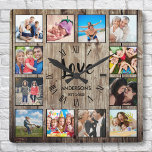 Custom Photo Collage Rustic Farmhouse Love Family Square Wall Clock<br><div class="desc">Create your own personalised 12 photo collage, roman number wall clock with your custom images on a rustic farmhouse style wooden plank background. The clock face also features your family name, established year and a "Love" handwritten script. Add your favourite photos, designs or artworks to create something really unique. To...</div>